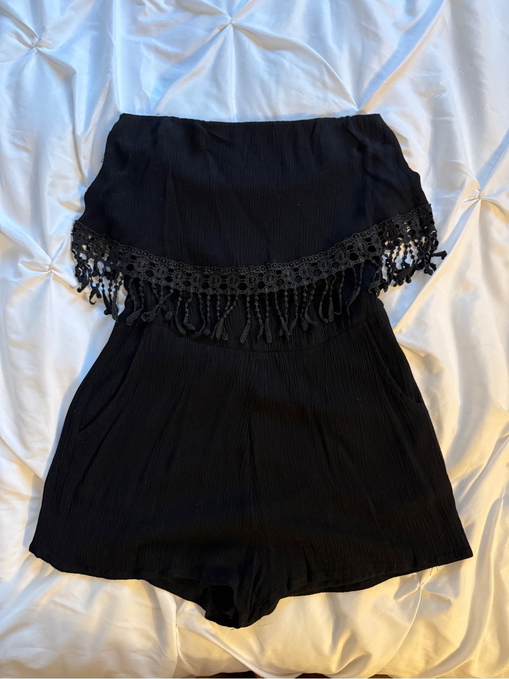 Ardene Black Strapless Crochet Fringe Romper